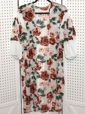 Long Rose Floral Silky Open Front Duster Kimono With Balloon Sleeves - Medium